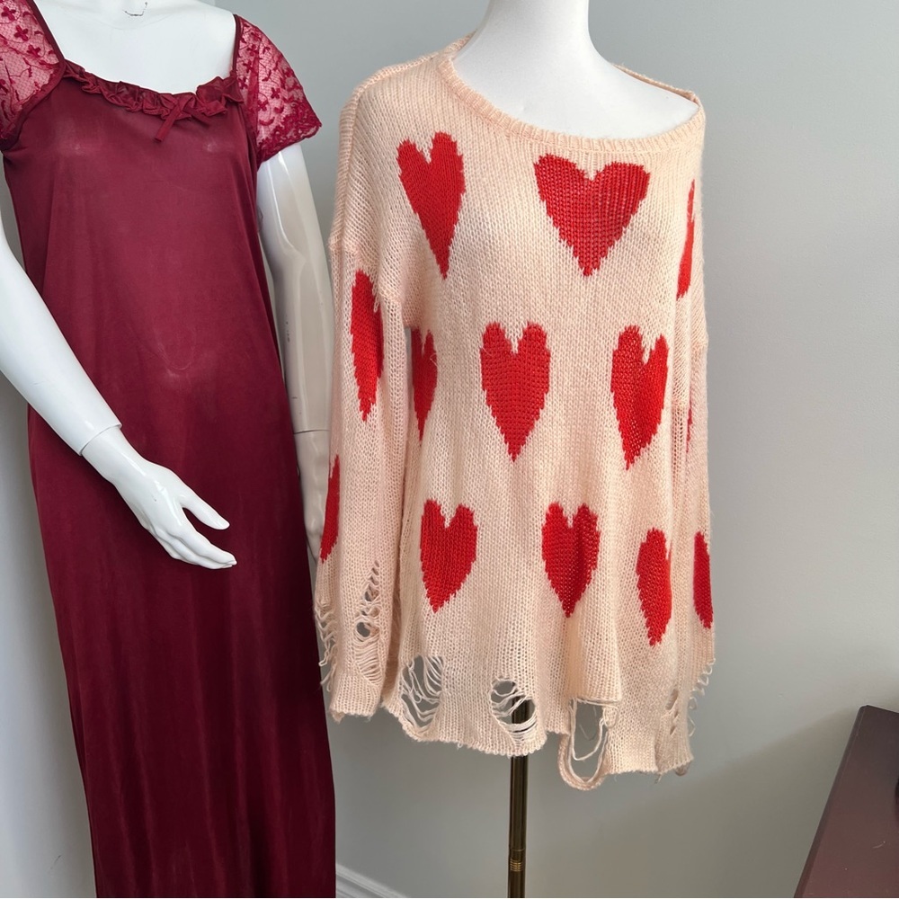 Wildfox Heart Print Distressed Knit Sweater – Oversized Slouchy S - Picture 5 of 7